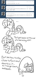 Size: 610x1280 | Tagged: safe, artist:bambooharvester, rarity, twilight sparkle, g4, ask, comic, monochrome, rarity replies, tumblr