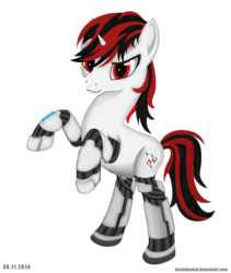 Size: 3800x4500 | Tagged: safe, artist:koshakevich, oc, oc only, oc:blackjack, cyborg, pony, unicorn, fallout equestria, fallout equestria: project horizons, amputee, cybernetic legs, level 1 (project horizons), solo