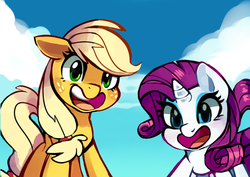 Size: 1600x1131 | Tagged: safe, artist:pepooni, applejack, rarity, g4, looking at you, open mouth