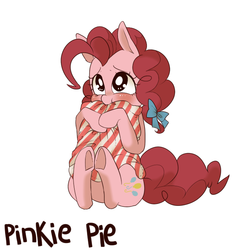 Size: 640x640 | Tagged: dead source, safe, artist:うめぐる, pinkie pie, pony, g4, bow, cute, diapinkes, female, hair bow, pillow, pixiv, simple background, sitting, solo, underhoof, white background
