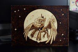 Size: 1280x854 | Tagged: safe, artist:horseez, princess luna, g4, craft, female, pyrography, smiling, solo, spread wings, woodwork