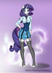 Size: 500x700 | Tagged: safe, artist:calyartist, rarity, unicorn, anthro, g4, :3, bracelet, clothes, female, garter belt, garters, jewelry, looking at you, shirt, skirt, socks, solo, stockings, thigh highs
