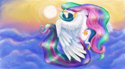 Size: 3920x2160 | Tagged: safe, artist:hayley-jean, princess celestia, g4, cloud, cloudy, female, flying, high res, large wings, magic, solo, sunrise