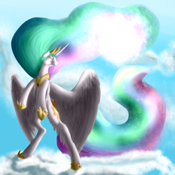Size: 2000x2000 | Tagged: safe, artist:veeveetherolepayer, princess celestia, g4, cloud, cloudy, eyes closed, female, high res, rearing, smiling, solo, spread wings, sun