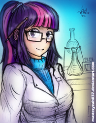 Size: 2550x3264 | Tagged: safe, artist:oyedraws, twilight sparkle, human, g4, clothes, doctor, female, glasses, high res, humanized, lab coat, pencil, solo