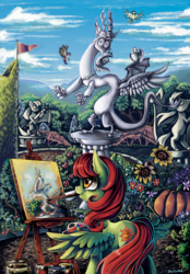 Size: 1067x1530 | Tagged: dead source, safe, artist:matrosha123, discord, oc, oc only, oc:sunny meadows, bird, fanfic:the keepers of discord, fanfic, fanfic art, fanfic cover, garden, mouth hold, paintbrush, painting, scenery, solo, statue