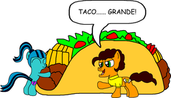 Size: 1328x762 | Tagged: safe, artist:blackrhinoranger, cheese sandwich, sonata dusk, earth pony, pony, g4, sonataco, song reference, taco, that girl sure loves tacos, that pony sure does love tacos, that siren sure does love tacos, voice actor joke, weird al yankovic