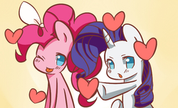 Size: 640x390 | Tagged: safe, artist:joycall6, pinkie pie, rarity, g4, bow, cute, diapinkes, electric angel, female, heart, lesbian, ship:raripie, shipping, song reference, tongue out, vocaloid, wink