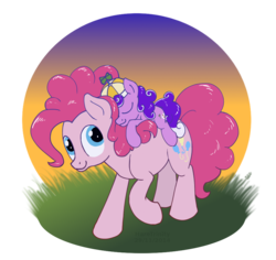 Size: 900x851 | Tagged: safe, artist:haretrinity, pinkie pie, screwball, g4, filly, hat, ponies riding ponies, propeller hat, riding, simple background, sleeping, sunset, transparent background, younger