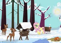 Size: 3311x2339 | Tagged: safe, artist:isegrim87, angel bunny, fluttershy, deer, fox, pegasus, pony, g4, forest, high res, winter
