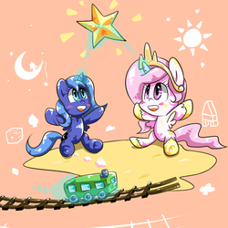 Size: 2000x2000 | Tagged: safe, artist:joycall6, princess celestia, princess luna, g4, cute, filly, high res, stars, train, woona