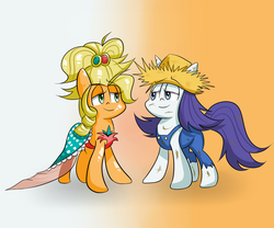 Size: 2400x2000 | Tagged: safe, artist:joycall6, applejack, rarity, earth pony, pony, unicorn, g4, applejewel, clothes, dress, duo, female, hat, high res, lidded eyes, looking at each other, looking at someone, mare, overalls, rarihick