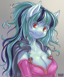 Size: 1000x1200 | Tagged: safe, artist:m@k, sonata dusk, anthro, g4, breasts, busty sonata dusk, cape, cleavage, clothes, cute, female, looking at you, solo