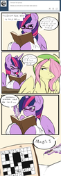 Size: 1200x3420 | Tagged: dead source, safe, artist:rainbowscreen, fluttershy, twilight sparkle, alicorn, pony, ask the gaylord, g4, butterscotch, comic, crossword puzzle, dusk shine, glasses, magic, prince dusk, rule 63, twilight sparkle (alicorn)