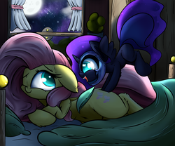 Size: 1280x1067 | Tagged: safe, artist:madacon, fluttershy, nightmare moon, pony, g4, bed, belly button, blank flank, cute, filly, floppy ears, moon, night, nightmare woon, prone, smiling