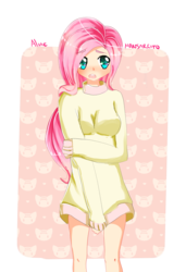 Size: 835x1218 | Tagged: safe, artist:manjarcito, fluttershy, human, g4, blushing, bottomless, clothes, covering, embarrassed, female, humanized, solo, sweatershy, vacuum sealed clothing