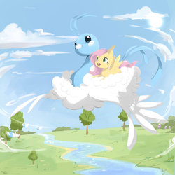 Size: 1024x1024 | Tagged: safe, artist:katemaximova, fluttershy, altaria, g4, crossover, flying, pokémon, prone