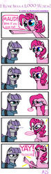 Size: 789x2681 | Tagged: safe, artist:mushroomcookiebear, maud pie, pinkie pie, g4, blinking, blushing, comic, crying, cute, dialogue, diapinkes, ear fluff, exclamation point, eyes closed, happy, looking at each other, maudabetes, open mouth, pointing, raised hoof, sad, simple background, smiling, underhoof