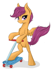 Size: 1177x1630 | Tagged: safe, artist:wolfypon, scootaloo, pony, g4, bipedal, female, scooter, simple background, solo, transparent background