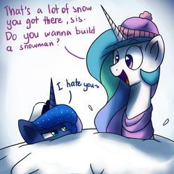 Size: 1200x1200 | Tagged: safe, artist:anticular, princess celestia, princess luna, alicorn, pony, ask sunshine and moonbeams, g4, clothes, do you want to build a snowman, duo, duo female, female, frozen (movie), hat, jacket, mare, scarf, snow, song reference, tumblr