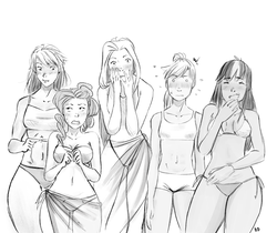 Size: 1240x1044 | Tagged: safe, artist:demdoodles, applejack, fluttershy, rainbow dash, rarity, twilight sparkle, human, g4, belly button, bikini, blushing, breasts, clothes, delicious flat chest, embarrassed, grayscale, humanized, laughing, monochrome, rainbow flat, reaction, shocked, swimsuit