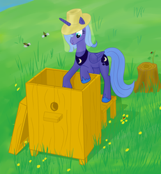 Size: 1062x1148 | Tagged: safe, artist:mindlesshead, princess luna, alicorn, bee, insect, pony, g4, beehive, beekeeper, day, female, looking down, s1 luna, solo, tongue out, tree stump