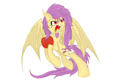 Size: 3000x2000 | Tagged: safe, artist:prokrastynatorka, fluttershy, g4, apple, fangs, female, flutterbat, high res, hissing, rearing, solo, spread wings