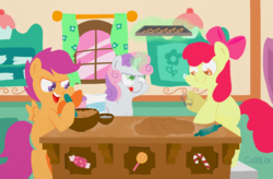 Size: 1000x657 | Tagged: safe, artist:coggler, apple bloom, scootaloo, sweetie belle, g4, cooking, cutie mark crusaders, sugarcube corner