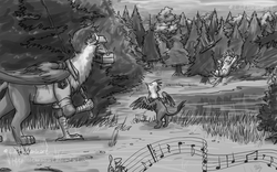 Size: 960x600 | Tagged: safe, artist:nanhart, gilda, rainbow dash, griffon, pegasus, pony, g4, clothes, grayscale, monochrome, music, music notes, the andy griffith show