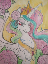 Size: 1920x2560 | Tagged: safe, artist:ox3400-2, princess celestia, g4, bedroom eyes, female, flower, flower in hair, horn, horn jewelry, jewelry, looking at you, necklace, portrait, smiling, solo, spread wings, traditional art