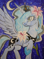 Size: 1920x2560 | Tagged: dead source, safe, artist:ox3400-2, princess luna, g4, female, flower, flower in hair, moon, night, raised hoof, smiling, solo, traditional art