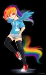 Size: 520x843 | Tagged: safe, artist:gomhoren, rainbow dash, human, g4, black socks, clothes, converse, female, hoodie, humanized, shorts, socks, solo, tailed humanization, thigh highs, winged humanization