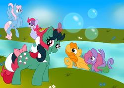 Size: 4092x2893 | Tagged: safe, artist:selyte, fizzy, sea rider, sea shower, sun shower, surf rider, sweet stuff, wind whistler, alligator, crocodile, earth pony, pegasus, pony, sea pony, turtle, twinkle eyed pony, unicorn, g1, g4, aura, baby sea ponies, bipedal, bow, bubble, closed mouth, cute, eyelashes, fizzybetes, flower, g1 adorashower, g1 to g4, generation leap, inner tube, lying down, magic, no eyelashes, open mouth, open smile, prone, river, smiling, surfabetes, sweet sweet stuff, tail, tail bow, whistlerbetes