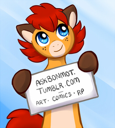 Size: 500x555 | Tagged: safe, artist:bonmot, oc, oc only, oc:bon mot, earth pony, hybrid, pony, ask, bipedal, colt, cute, hoof hold, looking up, male, ocbetes, sign, smiling, solo, tumblr, url