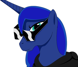 Size: 724x626 | Tagged: safe, artist:playfulpossum, princess luna, g4, clothes, female, hoodie, looking at you, solo, sunglasses