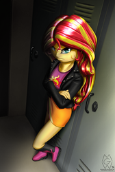 Size: 1678x2496 | Tagged: safe, artist:mykegreywolf, sunset shimmer, equestria girls, g4, canterlot high, crossed arms, female, hallway, lockers, looking at you, overhead view, solo