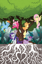 Size: 755x1147 | Tagged: safe, artist:tonyfleecs, idw, applejack, fluttershy, pinkie pie, rainbow dash, rarity, spike, twilight sparkle, alicorn, pony, g4, book, cover, female, idw advertisement, mane seven, mane six, mare, nest, no logo, reading, textless, tree, twilight sparkle (alicorn)