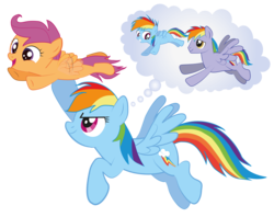 Size: 2500x1976 | Tagged: safe, artist:raggyrabbit94, rainbow blaze, rainbow dash, scootaloo, pegasus, pony, g4, sleepless in ponyville, assisted flying, cute, cutealoo, dashabetes, father and daughter, female, filly, flapping, flying, grin, happy, looking back, male, mare, open mouth, scootalove, simple background, smiling, smirk, spread wings, squee, stallion, thought bubble, transparent background, underhoof, wings