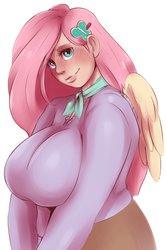 Size: 789x1181 | Tagged: safe, artist:sundown, fluttershy, human, g4, big breasts, blushing, breasts, busty fluttershy, clothes, female, huge breasts, humanized, looking at you, plump, scar, solo, sweatershy, winged humanization