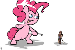 Size: 3000x2000 | Tagged: safe, artist:doggonepony, pinkie pie, earth pony, pony, g4, cookie, crossover, food, fork, gingerbread (food), gingerbread man, gingy, high res, imminent vore, shrek, this will end in death