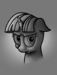 Size: 257x337 | Tagged: dead source, safe, artist:roxenmage, twilight sparkle, pony, unicorn, g4, grumpy, monochrome, portrait