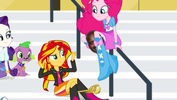 Size: 1280x720 | Tagged: safe, edit, edited screencap, screencap, pinkie pie, rarity, spike, sunset shimmer, dog, equestria girls, g4, my little pony equestria girls: rainbow rocks, boots, bracelet, clothes, high heel boots, jewelry, shaquille o'neal, skirt, spike the dog, twilight scepter