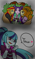 Size: 450x750 | Tagged: safe, artist:vvw84, adagio dazzle, aria blaze, sonata dusk, sunset shimmer, equestria girls, g4, my little pony equestria girls: rainbow rocks, drool, imminent vore, implied cannibalism, kitchen eyes, rope, sonataco, that girl sure loves tacos, that siren sure does love tacos, tied up