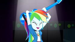 Size: 1280x720 | Tagged: safe, screencap, rainbow dash, equestria girls, g4, my little pony equestria girls: rainbow rocks, arms, awesome as i want to be, beautiful, breasts, bust, clothes, collar, cute, electric guitar, eyes closed, female, guitar, long hair, musical instrument, open mouth, open smile, shirt, short sleeves, singing, skirt, smiling, solo, t-shirt, teenager, tomboy, wristband