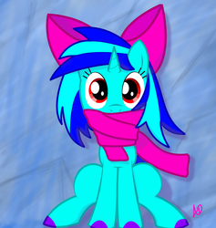 Size: 1024x1078 | Tagged: safe, artist:yuradhear, oc, oc only, oc:coldtooth, pony, unicorn, bow, clothes, looking at you, scarf, simple background, solo