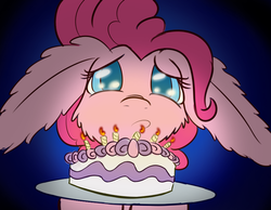 Size: 900x700 | Tagged: safe, artist:heir-of-rick, pinkie pie, g4, birthday cake, cake, candle, female, floppy ears, impossibly large ears, nose wrinkle, pouting, puppy dog eyes, sad, solo