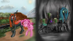 Size: 1191x670 | Tagged: safe, artist:taggerung, pinkie pie, queen chrysalis, oc, changeling, changeling queen, g4, red changeling