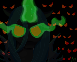 Size: 1024x819 | Tagged: safe, artist:yuradhear, queen chrysalis, changeling, g4, army, glowing eyes, glowing horn, horn, looking at you, red eyes