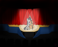 Size: 1024x819 | Tagged: safe, artist:yuradhear, octavia melody, g4, audience, bowtie, cello, curtains, cutie mark, eyes closed, female, musical instrument, performance, solo, spotlight, stage