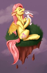 Size: 831x1280 | Tagged: safe, artist:bruised, angel bunny, fluttershy, g4, dirt cube, sitting